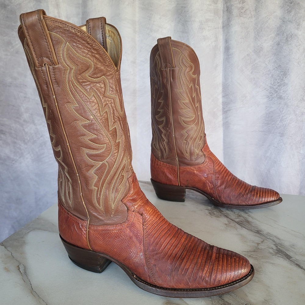 Justin Lizard Western Cowboy Boots Mens Size 9.5 B Brown Pointed Toe 8303